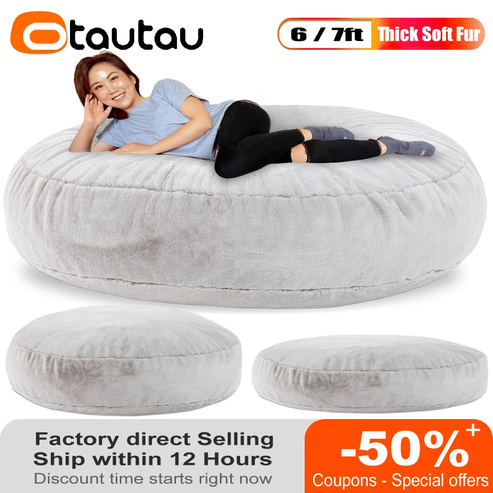 

OTAUTAU 6/7ft Round Bean Bag Cover Soft Washable Fur Sofa Bed Pouf Game Movie Sac Couch Shleeping Chaise Lounge Recliner DD3TM1T