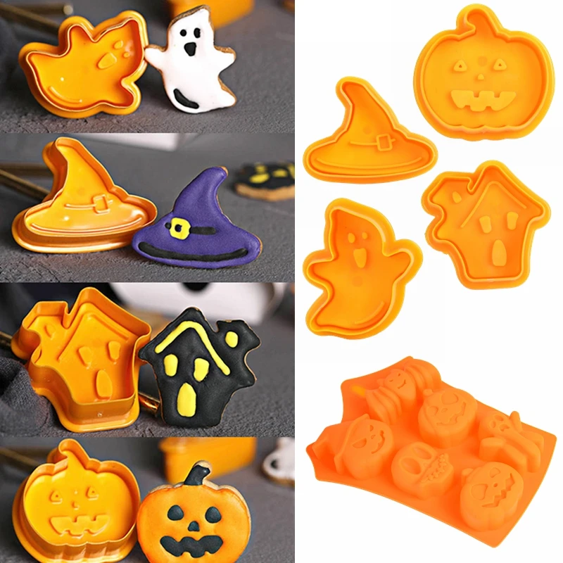 

1/4pcs Halloween Pumpkin Ghost Theme Plastic Cookie Cutter Plunger Fondant Sugarcraft Chocolate Mold Party Cake Decorating Tools