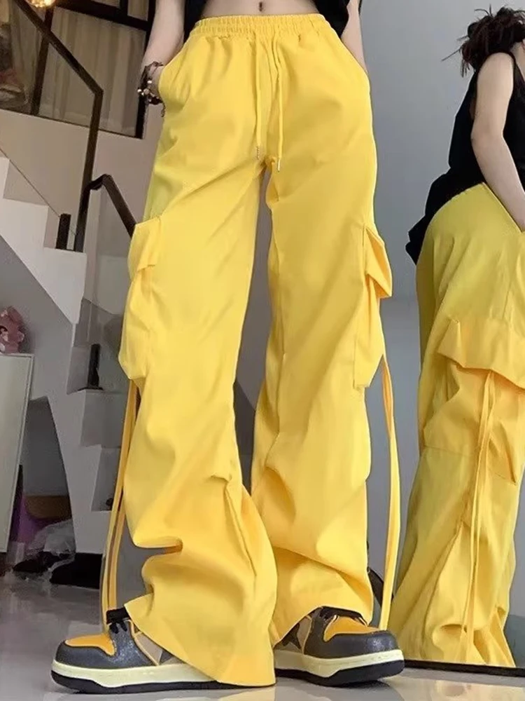 Frauen Koreanische Hohe Taille Hosen Dame Japanischen 2000er Jahre Stil Y2k Spitze Up Cargo Hosen Weibliche Gelb Rosa Blau Schwarz Jogger