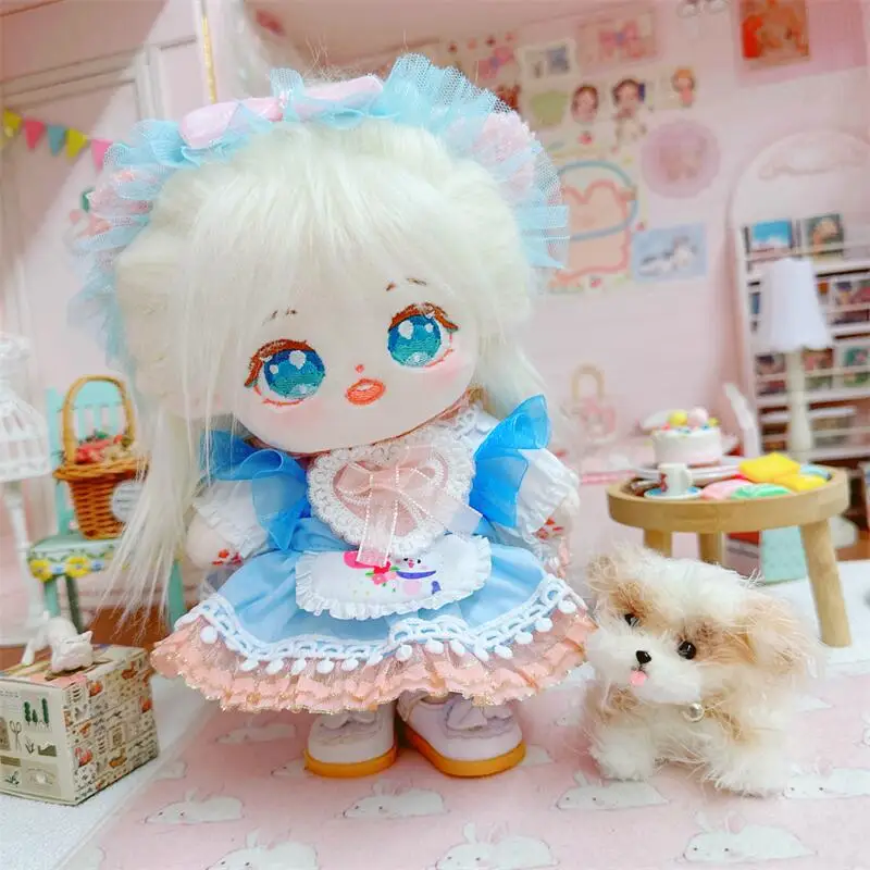 20cm Kawaii Sweet Girls Pink Blue Lolita Bow Dress Suit Plush Doll Cute Stuffed Fat Body Naked Cotton Doll Soft DIY Toys Gifts