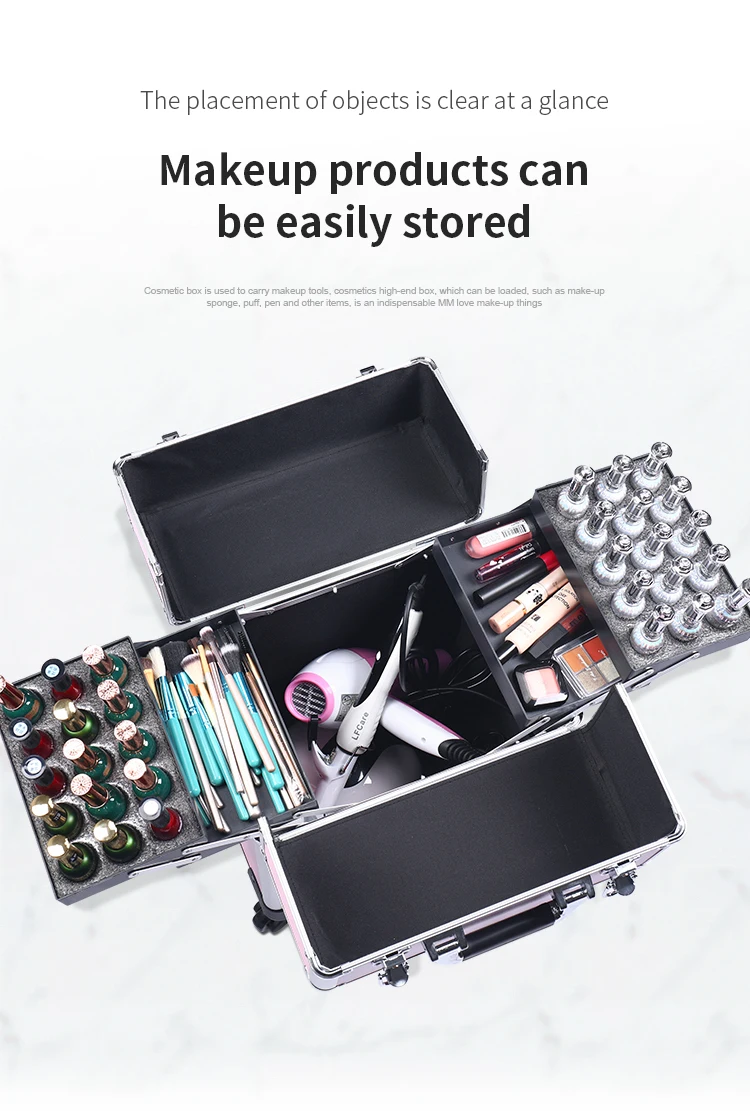 TravelRolling Makeup Train Case Kosmetikwagen mit großem Fassungsvermögen, professioneller Aluminium-Reisekoffer mit Schlüssel – Detail 6