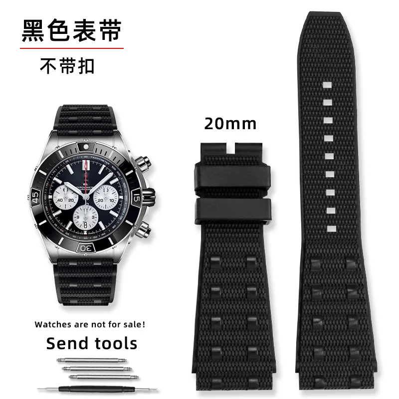 Premium Rubber Watch Strap - Durable Fluororubber in Black & Blue, 22mm/24mm