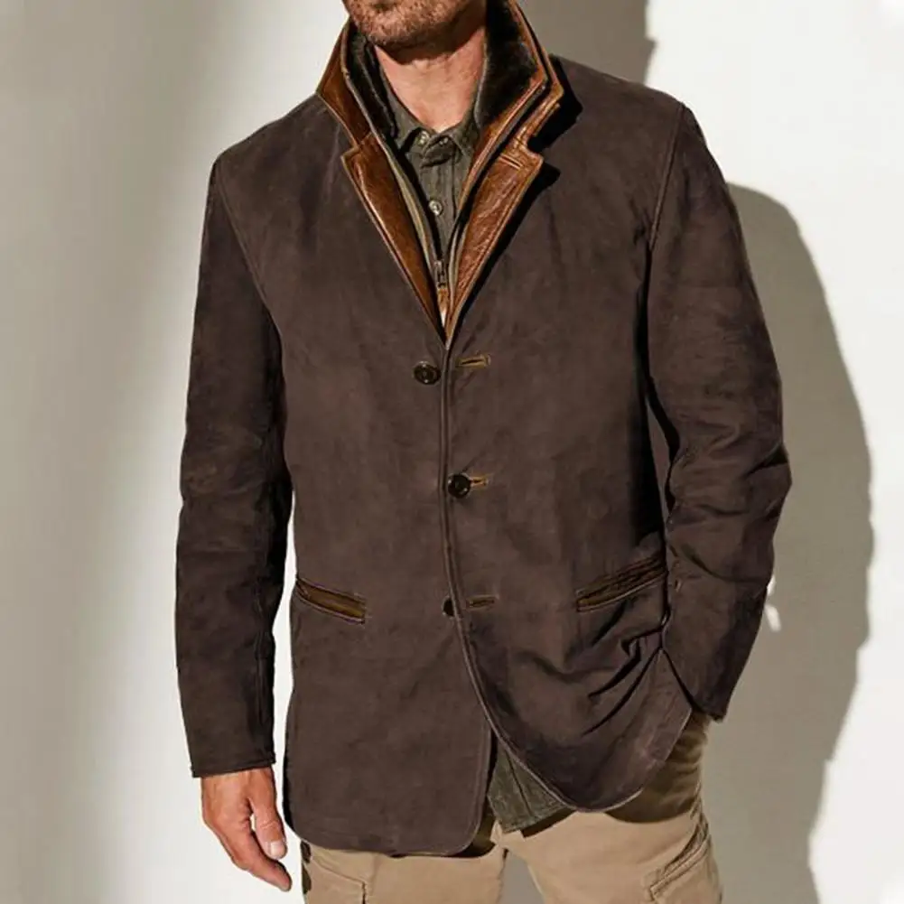 Retro Style Men Jacket Men's Retro Patchwork Cardigan Coat with Plush Lining Fake Pockets Stylish Winter Jacket for Plus Size