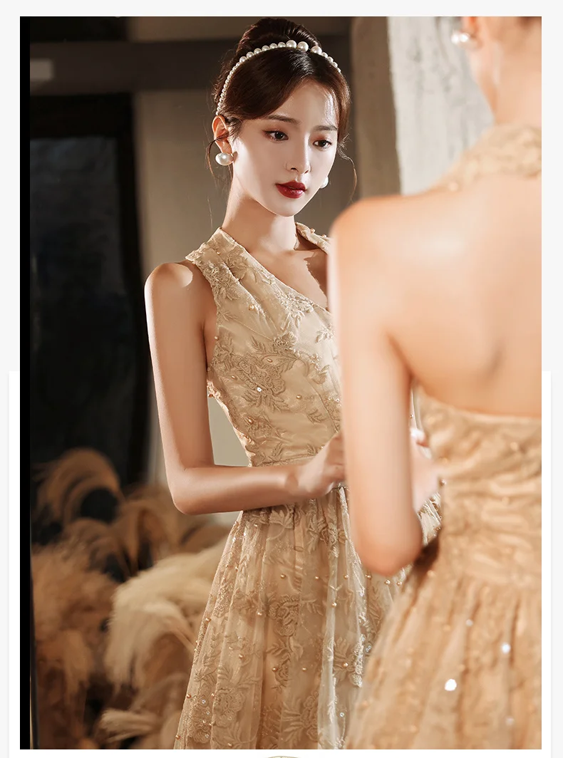 vintage prom dresses Sexy Halter Backless Prom Gowns 2021 V-Neck Sleeveless A-Line Floor-Length Beaded Lace Long Women Elegant Dresses For Gala satin prom dress