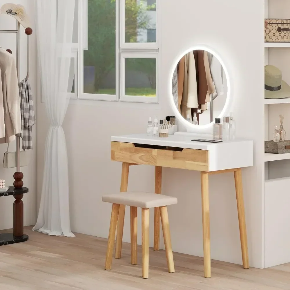 compact illuminated vanity desk with adjustable mirror for efficient space utilization
