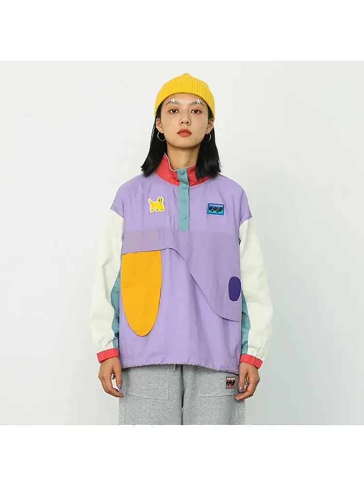Winter Jacket Women Pullover Color Block Stand Collar Cartoon Patch Wool Liner Coat