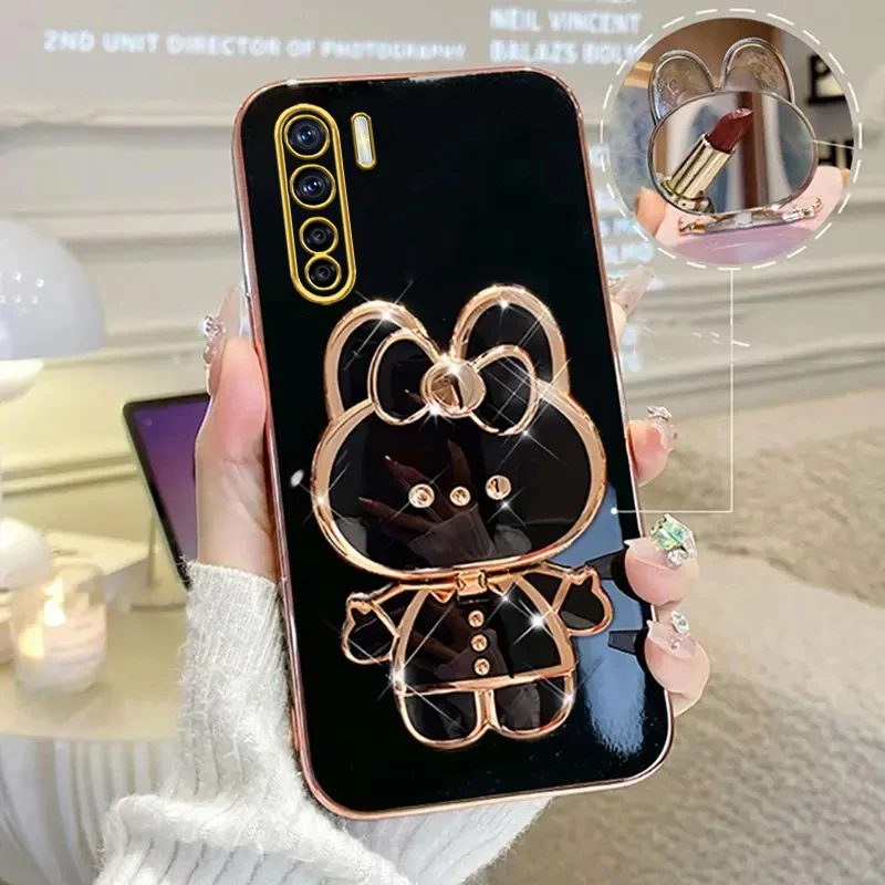 Luxury Cute Rabbit Makeup Mirror Phone Holder Case for Girls & Women - Stand Cover