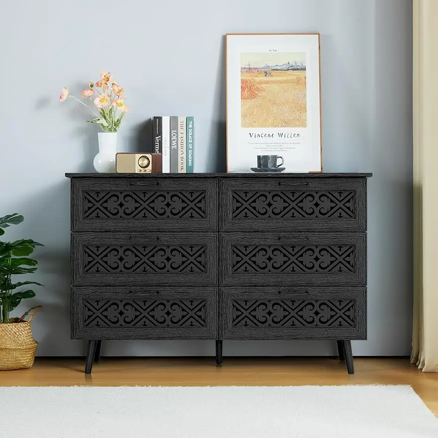 

Drawer Dresser,Modern Farmhouse Dresser Chest with Wide Drawers and Metal Handles,Hollow Carved Design Storage Chest of Drawers