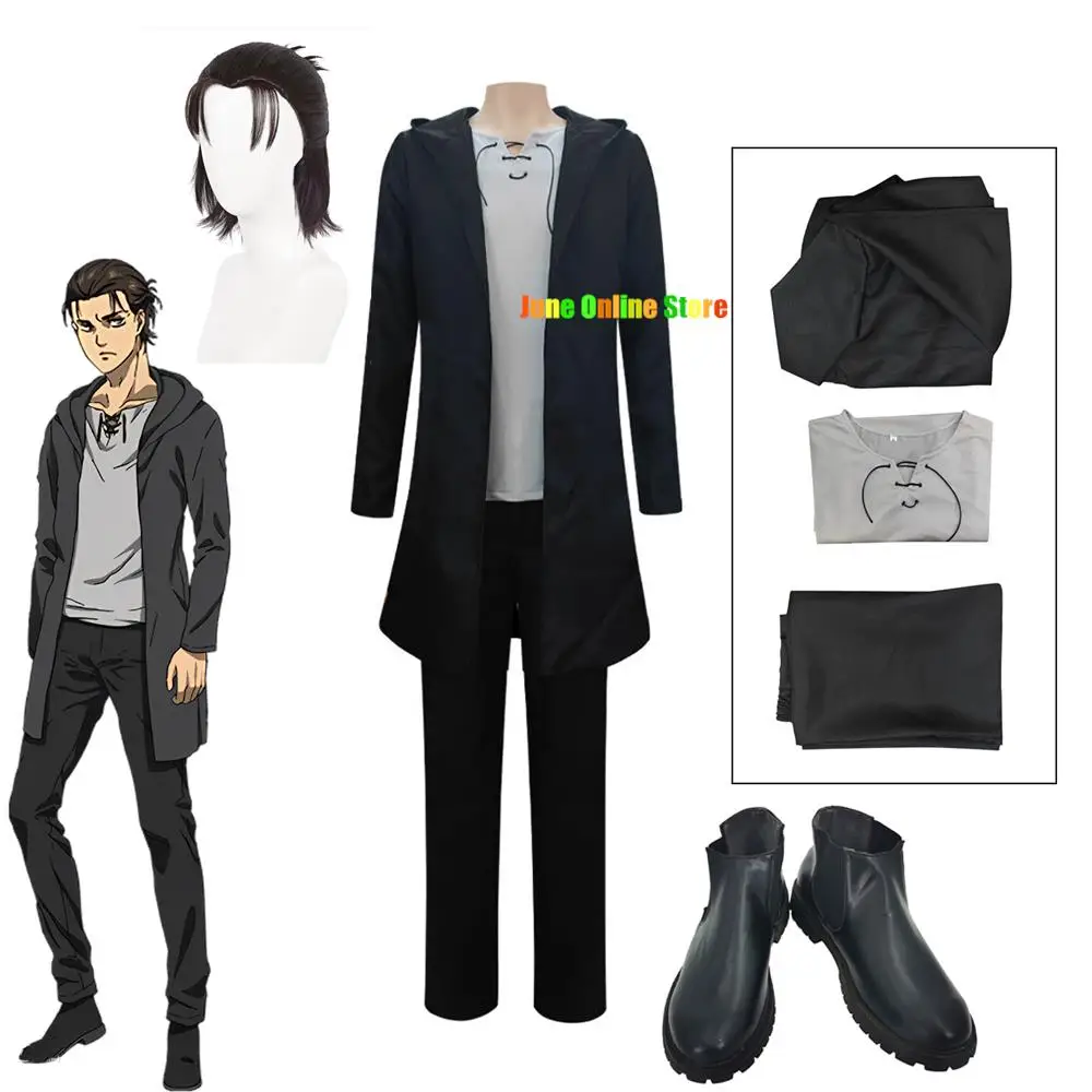 

Anime Titan Final Season Eren Jaeger Cosplay Costume Wig Shoes Full Set Hooded Jacket T-shirt Pants Men Halloween