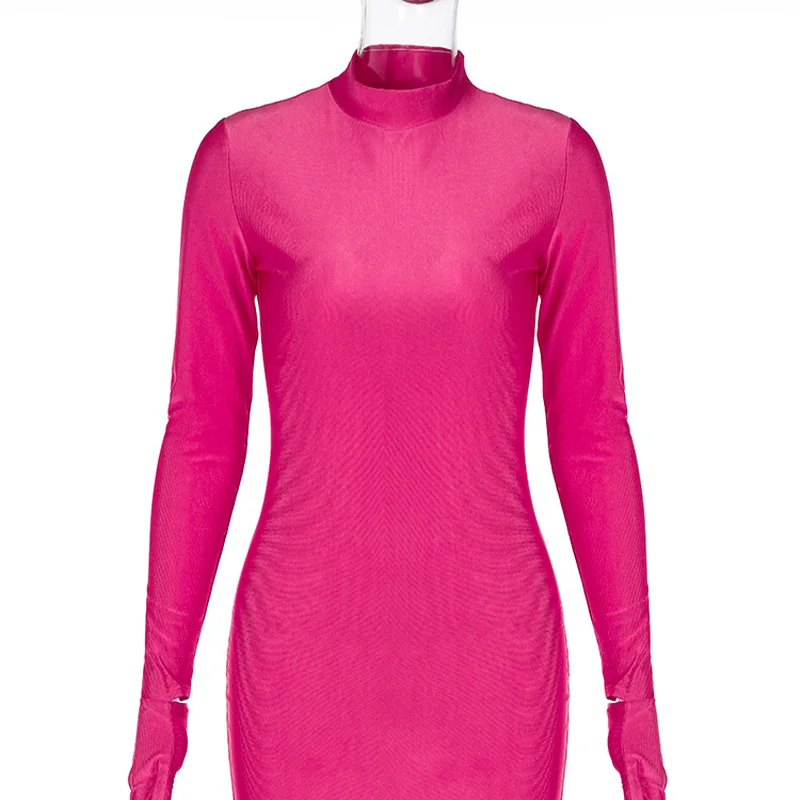 Solide Langarm Mit Handschuhe Mini Kleid Bodycon Sexy Streetwear Party Hälfte Rollkragen Outfits Y2K Kleidung Großhandel – Detail 25