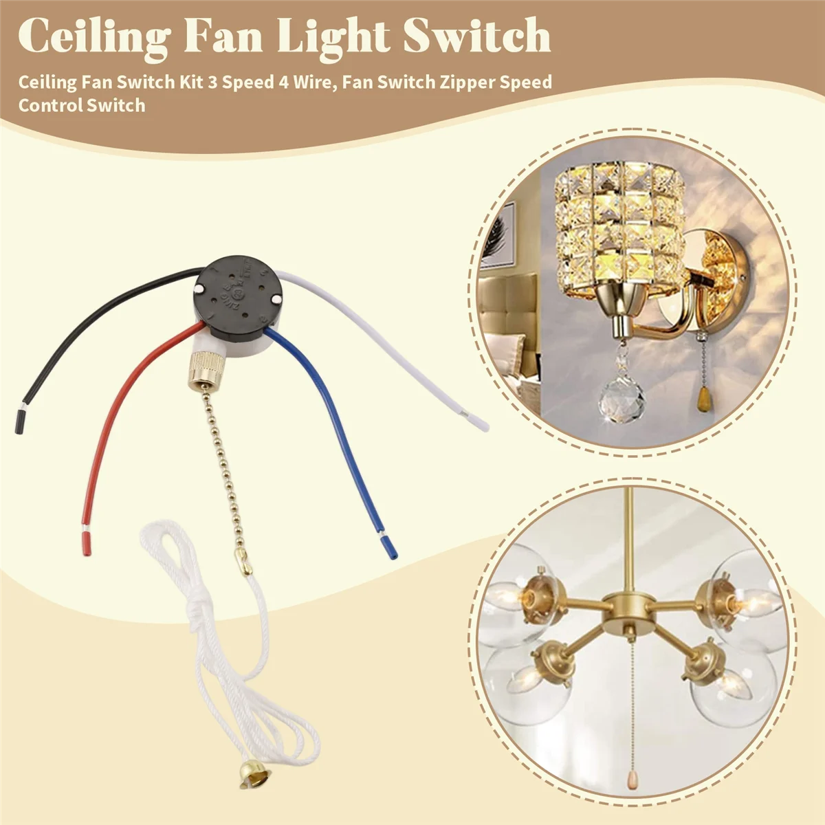 AAA87 Ceiling Fan Switch Kit 3 Speed 4 Wire, Fan Switch Zipper Speed Control Switch, ZE-208S Pull Wire with Rope Gold