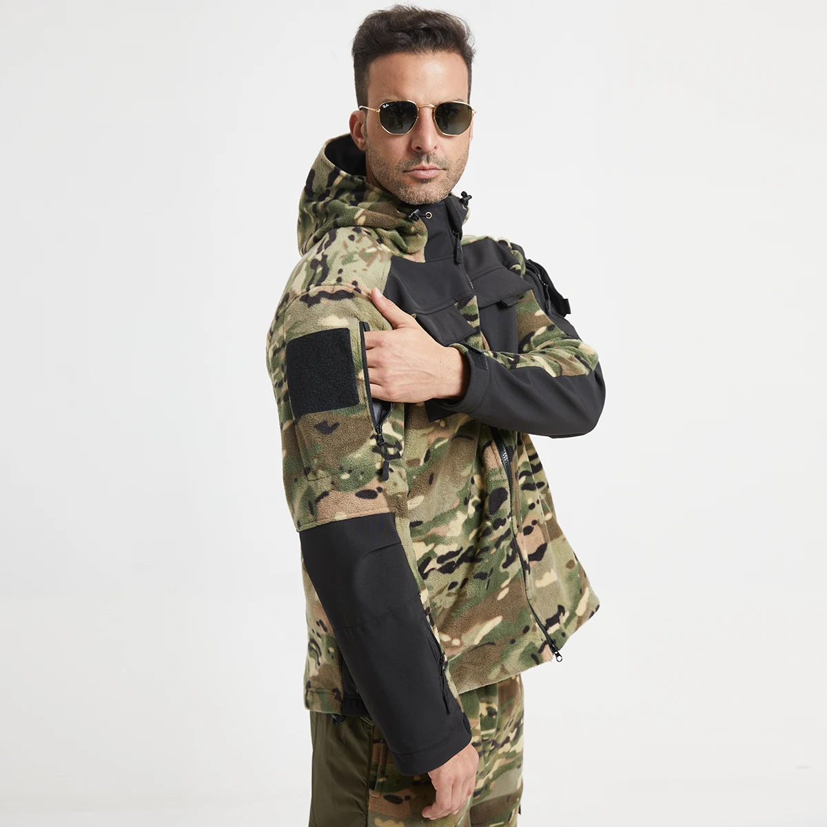 Spring Winter Fleece Jacket Mens Tactical Fleece Jackets Multiple pockets Full-Zip Up Outdoor Windproof Hooded Warm Work Coat