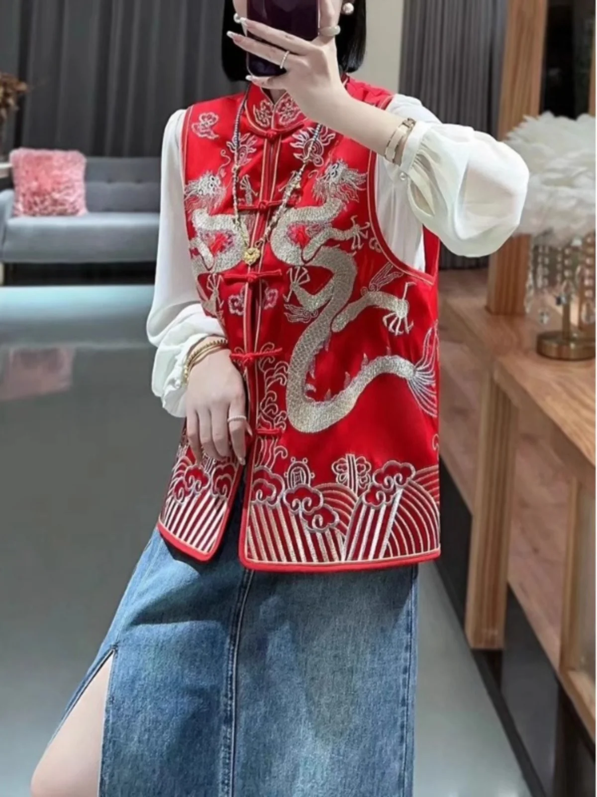 

New Chinese Style Red Vest Coat Women's Spring and Autumn National Waistcoat Top