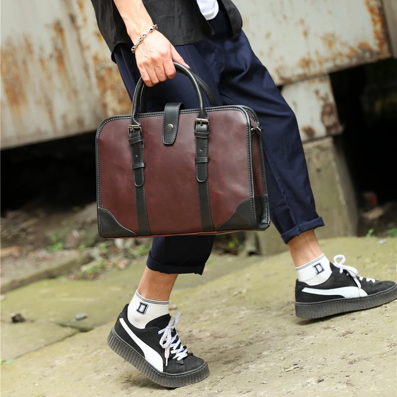 Briefcase Bag for Man PU Leather Vintage Handbags Computer Laptop 14  Shoulder Business Messenger Portfolio Crossbody Bag Male - AliExpress