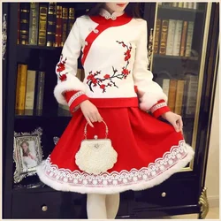 Winter Women Hanfu Set Chinese Traditional Cheongsam Tops and Skirts Set Rabbit Fur Warm Lolita Cosplay Fairy Costume