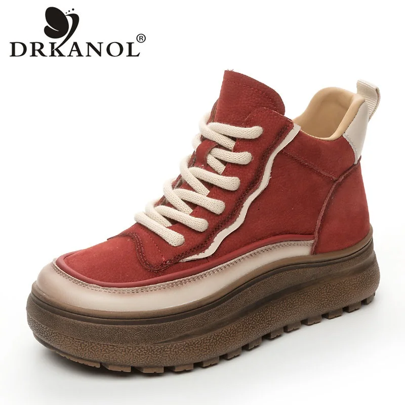 DRKANOL Fashion Women Ankle Boots Mixed Colors Genuine Cow Leather Thick Sole Chunky Platform Wedges Heel Winter Warm Boots Lady