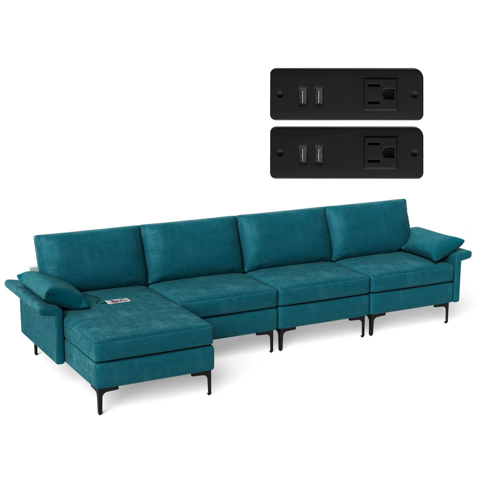 

Costway Modern Modular L-shaped Sectional Sofa w/ Reversible Chaise & 4 USB Ports Blue
