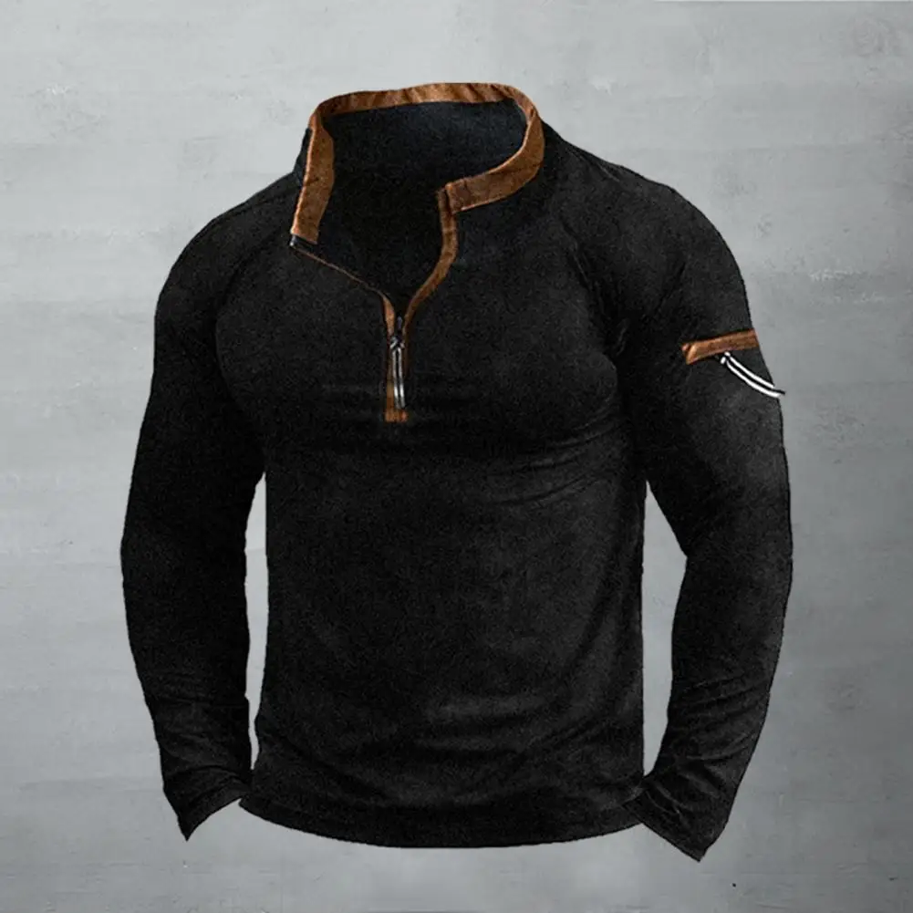 Description Picture 6 of itemFall Winter Men Sweatshirt Stand Collar Zipper Decor Solid Color Long Sleeve Thick Casual Pullover Patchwork Men Mid Length Top