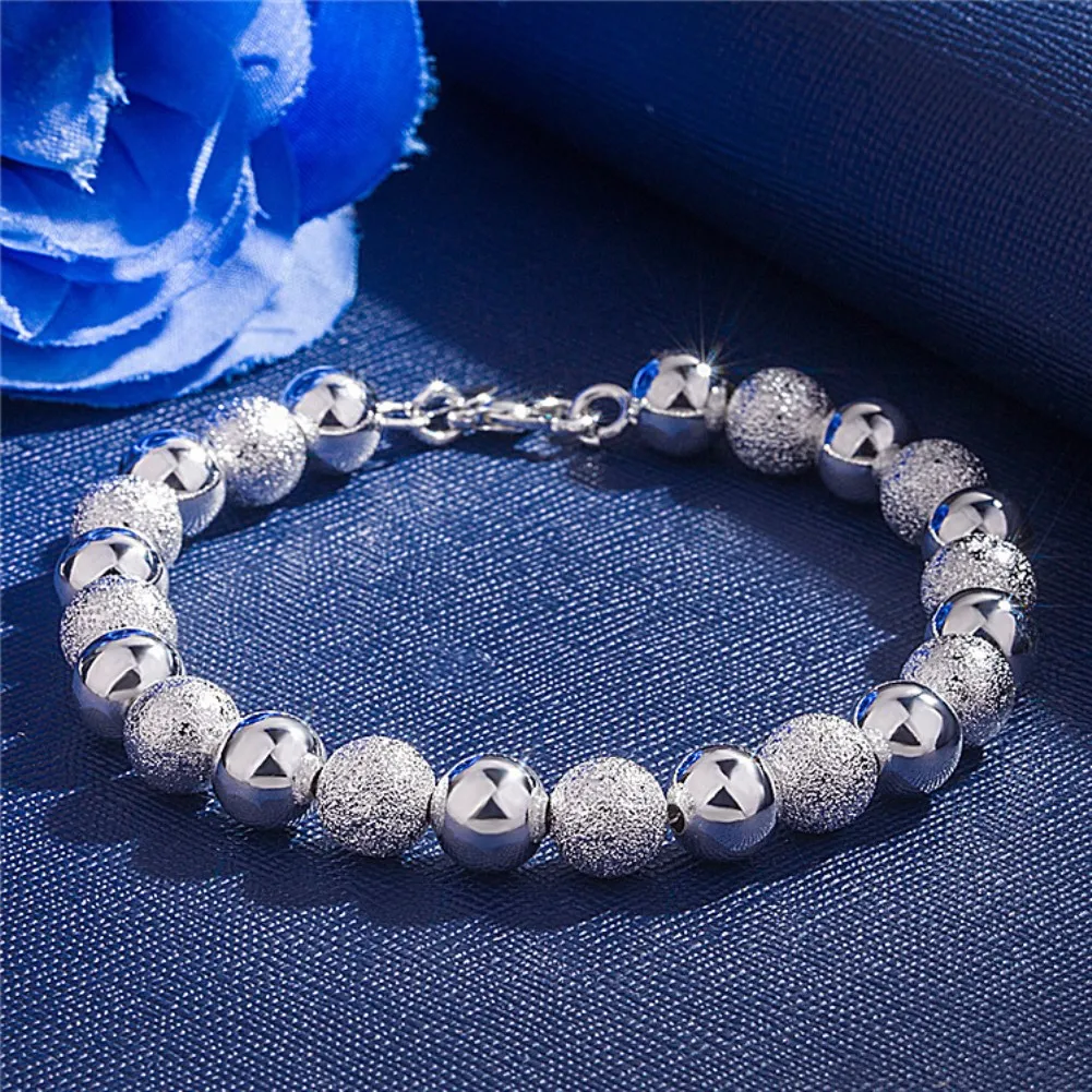 

Fine Wild 8MM Frosted beads chain 925 Sterling Silver Bracelets for women men charm Wedding party Christmas Gift Fashion Jewelry
