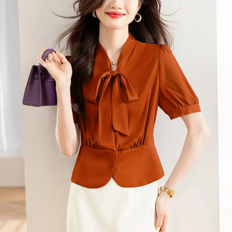 Fashionable Summer 2024 New Blouses Women's Slim Solid Color Scarf Collar Ruched Button Spliced Bow Short Sleeve Chiffon Shirts