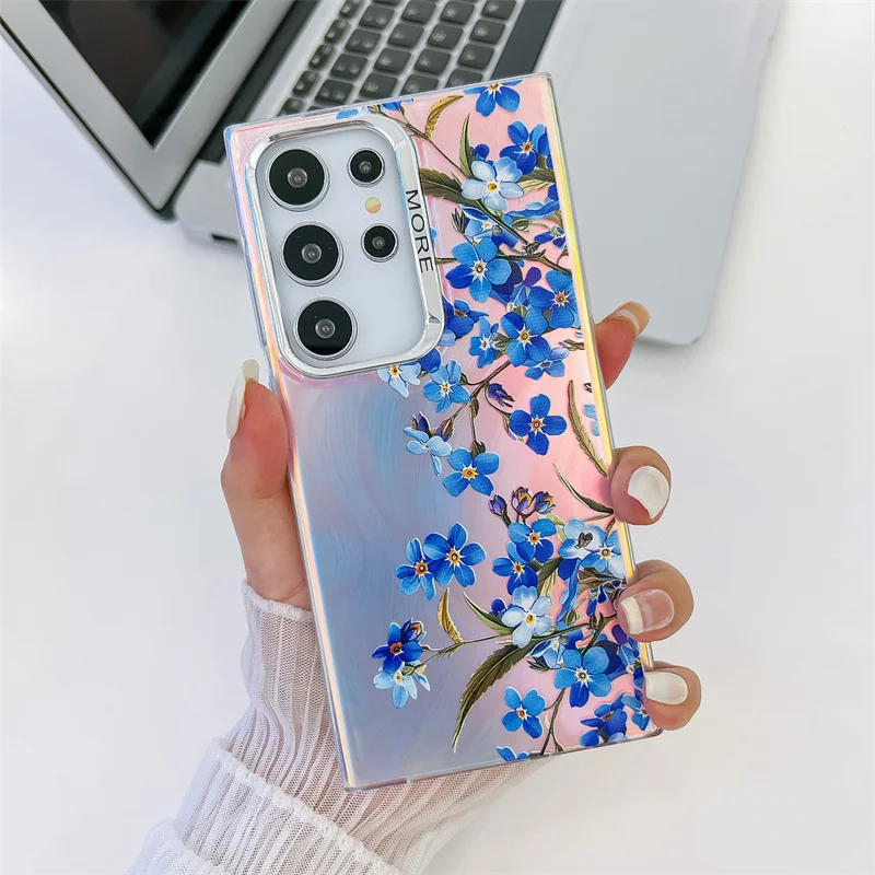 Coque de téléphone à motif de fleur laser pour Samsung Galaxy S25 S23 FE S24 Plus S22 Ultra A14 A15 A55 A54 A25 A35 A34 Coque arrière rigide en PC mat_voghion.com