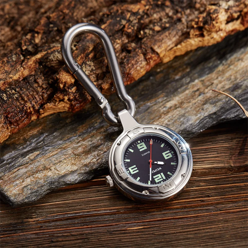 남성용 레트로 루미너스 카라비너 시계 방수 스테인레스 스틸 쿼츠 클립 포브 시계 하이킹 등산 야외 스포츠 여행용