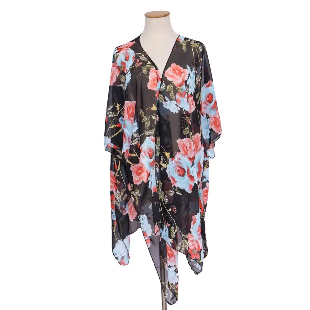 

Summer Beach Smock Flower Print Tassel Beach Cover-up Poncho Cardigan for Women Sunscreen Swimsuit Shawl with Quick Dry Loose