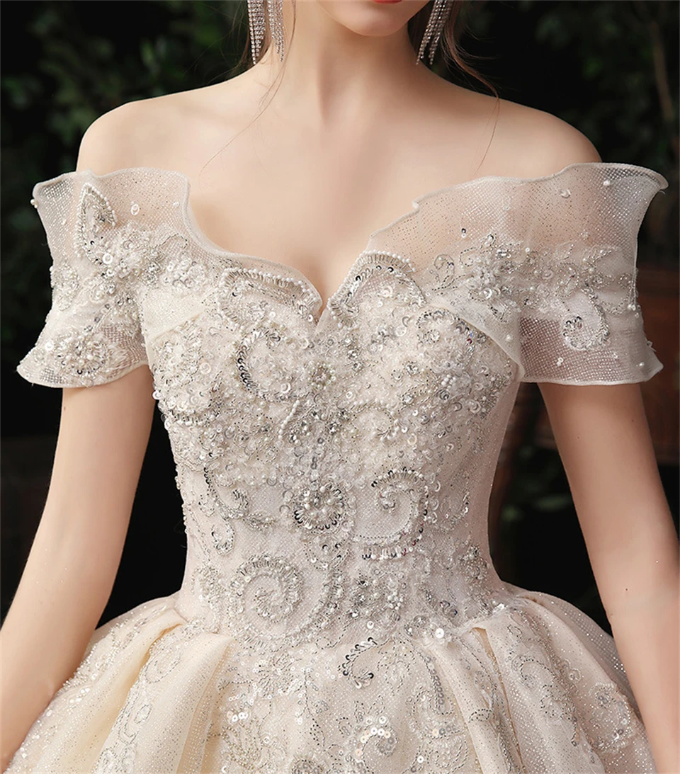 Luxuriöse Tüll-Brautkleider mit schulterfreiem Bootsausschnitt und Perlenstickerei für Damen 2026 – Ballkleider mit Hofschleppe – Brautkleid Vestidos De Novia – Detail 9