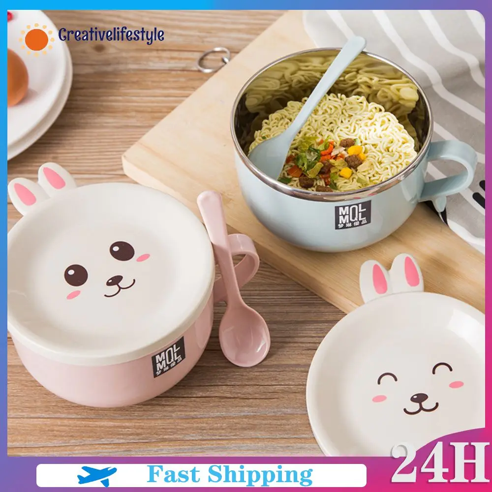 스테인리스 스틸 이중층 라멘 국수 그릇, 화상 방지 인스턴트 국수 그릇, 뚜껑 및 스푼 식기 포함, 대용량 