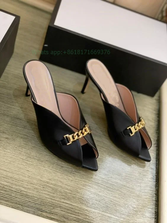 

Dress Design Peep Toe Leather Luxury Slippers Women Stiletto High Heel Sexy Square Toe Slippers Casual Shoes Lady Metallic Decor