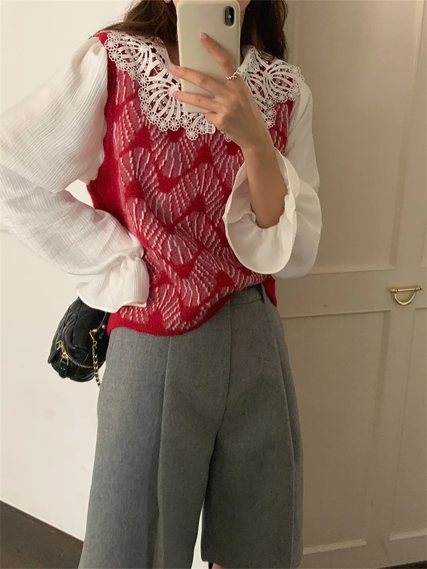Arazooyi Vintage Wide Leg Shorts Women Chic Office Lady Peter Pan Collar Shirts Autumn Elegant Knitted Sweet Sweaters Vest