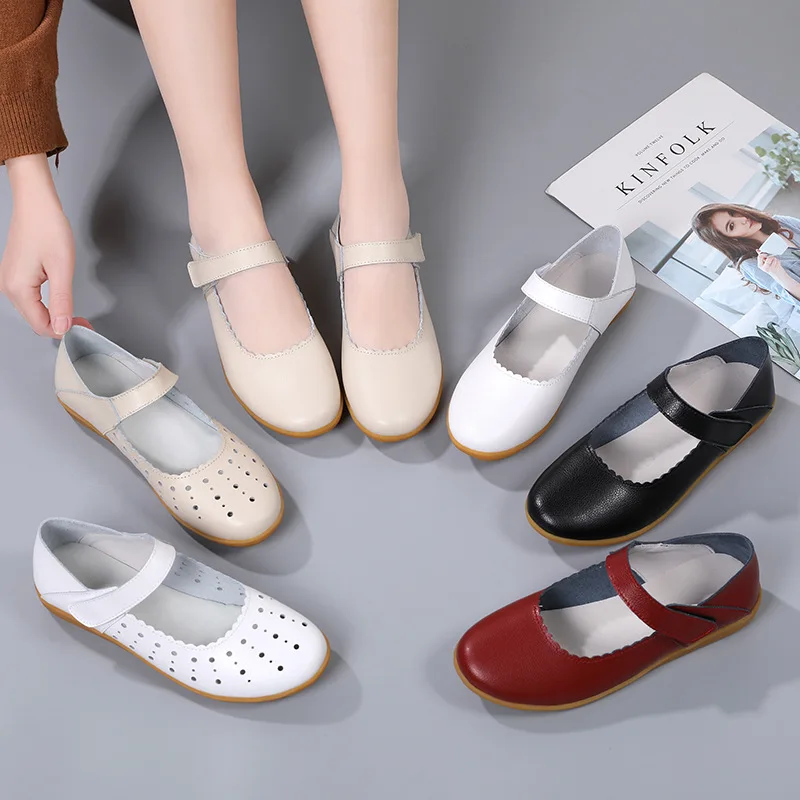 Summer Genuine Leather Women Loafers Slip On Plus Size Flat Shoes Women Causal Shoes Female Breathable Flats Ballet Shoes