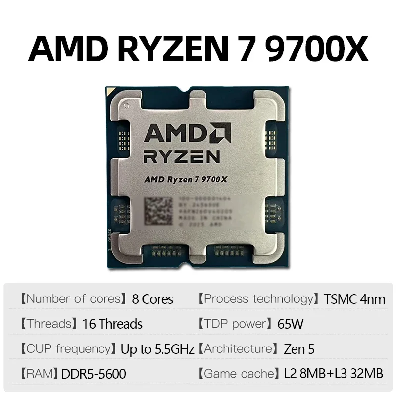 AMD 라이젠 7 9700X AMD R7 9700X CPU 8코어 16스레드 5.5GHz 언락 데스크탑 프로세서 소켓 AM5 게이밍 CPU (개별 부품)