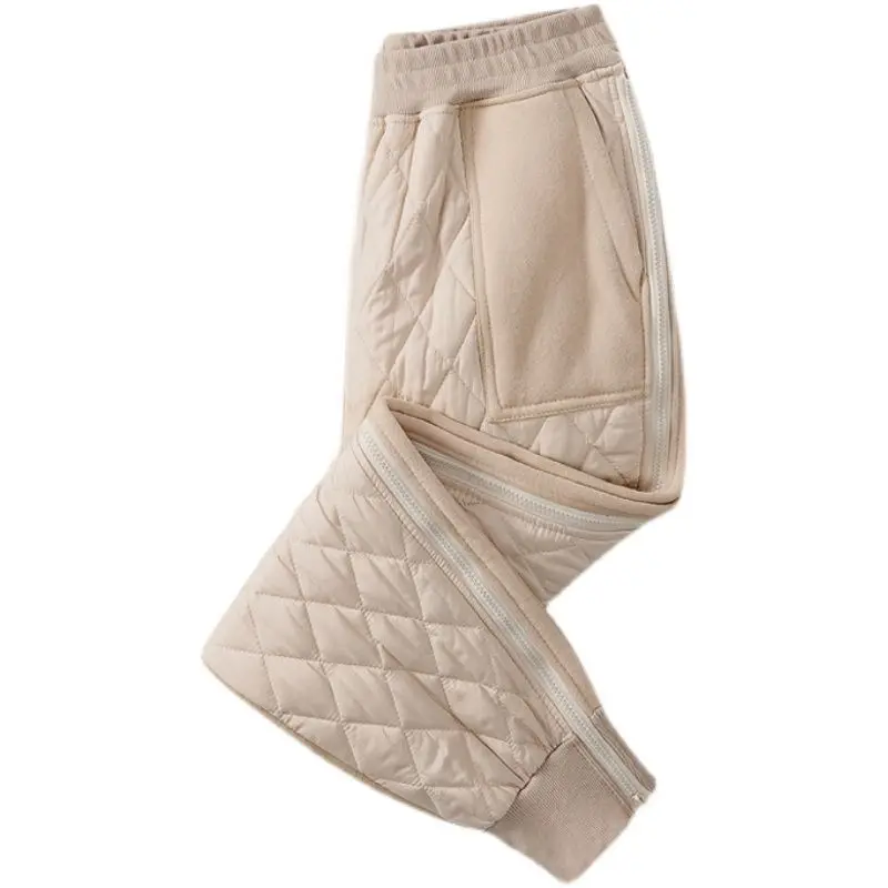 Mom's Winter New High Waist Haren Pants Commuter Fashion Zipper Splicing Fleece and Warm Comfortable Versatile Down Cotton Pants