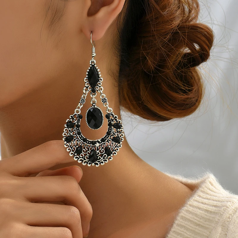 Ethnic Boho Women Drop Dangle Earrings Geometric Carved Hollow Bead Crystal Antique Silver Gold Color Bohemian Wedding Earrings drop earrings dangle earrings pendant earrings
