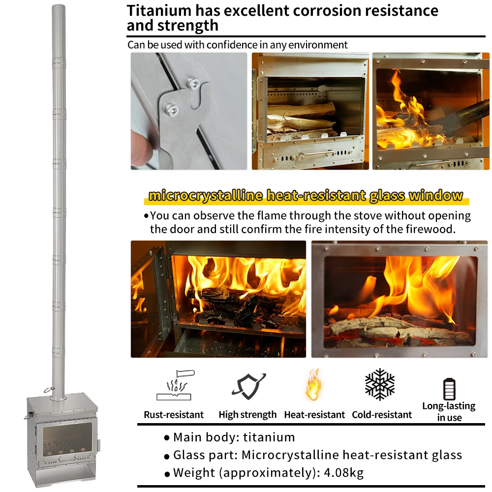Description Picture 3 of itemSoomloom Titanium Secondary Burning Fireplace Smokeless Wood Stove Glass Window Portable Firewood Heater Outdoor Camping Warmer