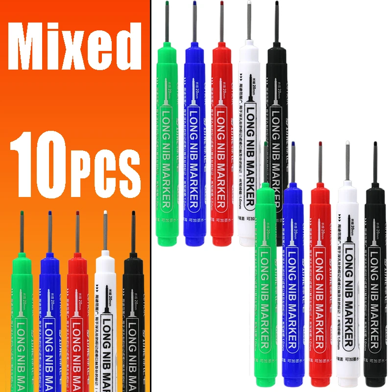 Long Head Deep Hole Marker Pens 20mm 5Pcs Deep Reach Markers Carpenter Ink Marker Pens Construction Markers Marking Tool Metal Marking Pen Long Nose