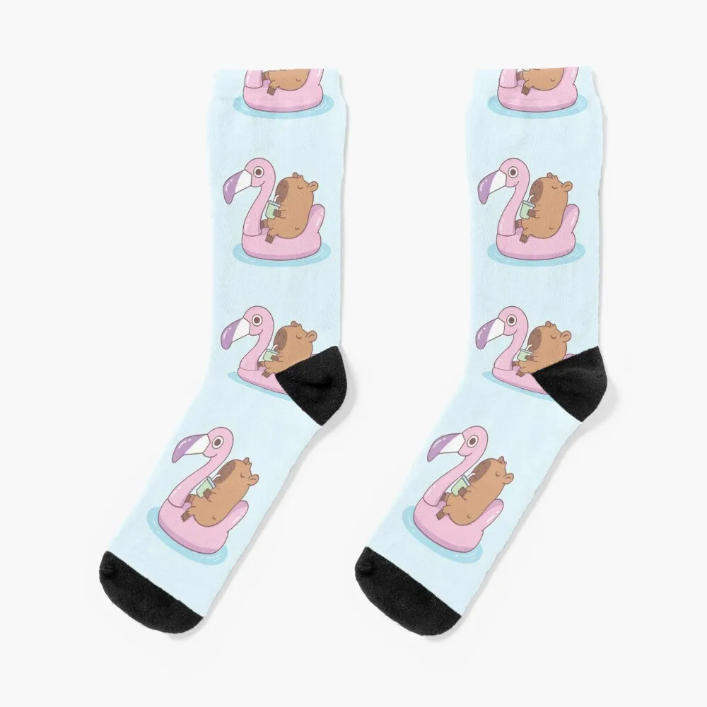 

Cute Capybara Chilling On Pink Flamingo Pool Float Socks floor hockey Socks Women's Men's