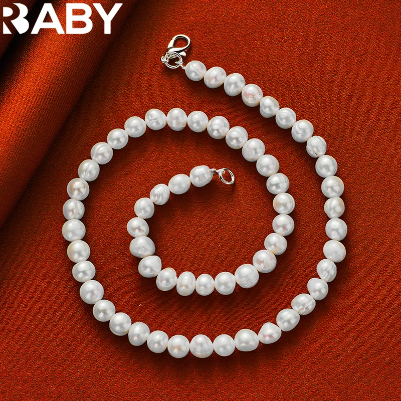 

40-50cm 925 Sterling Silver Lobster Clasp 7-8mm Pearl Chain Necklace White/Pink/Purple For Women Fashion Charm Jewelry