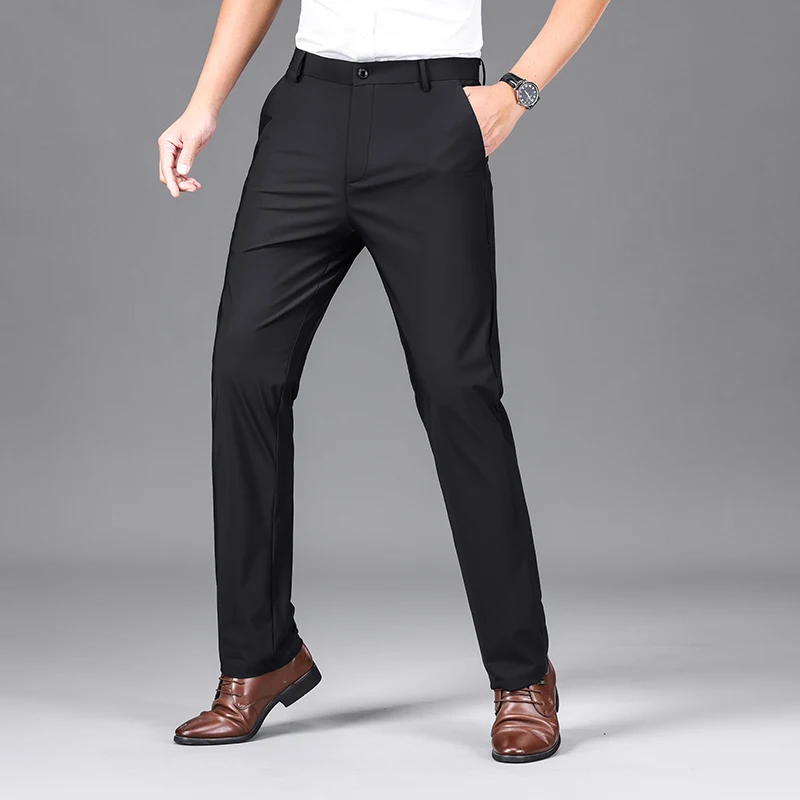 Men's High-End Ice Silk Suit Pants Summer Thin High Elastic Draping Silky Slim Straight Solid Color Business Trousers