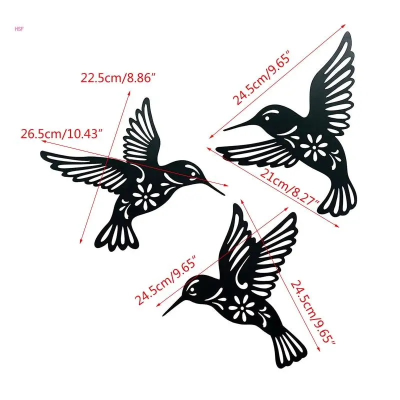 3Pcs Metal Hummingbird Wall Art Decor Hollow Out Iron Black Bird Statue Ornament 6