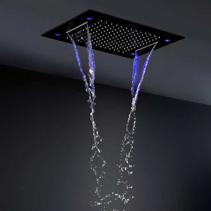 hm High Quality Ceiling Rain Shower System Set Bathroom Waterfall Rainfall LED Showe Head Panel Black Thermostatic Shower Faucet 2