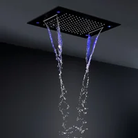 hm High Quality Ceiling Rain Shower System Set Bathroom Waterfall Rainfall LED Showe Head Panel Black Thermostatic Shower Faucet 2