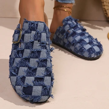 Women's Woven Denim Mule Clogs, Fringed Plaid Pattern, Adjustable Buckle, Closed Toe Slip-On Shoes