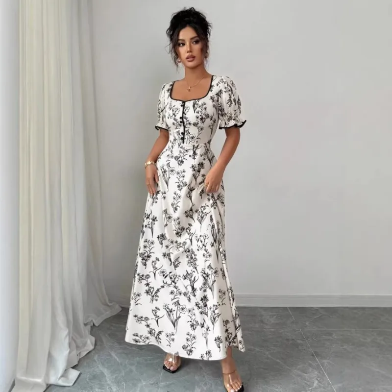 Elegante Abito Lungo da Sera con Stampa Floreale per Donna, Nuovo Stile Francese 2026, Maniche Corte a Sbuffo, Bordo con Volant, Vita Sottile - immagine 3