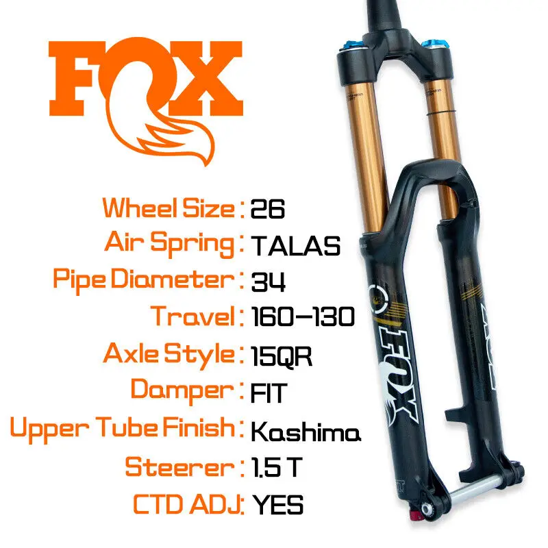 

Bicycle Fork 26 Inch Alloy MTB Bicycle Fork Fox 2015 Talas 34 Fork KASHIMA F-S 160-130mm CTD 15QR 1.5T 37mm Rake AM