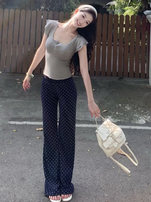 임산부 캐주얼 팬츠 배 받침대 없는 폴카 도트 마이크로 플레어 여름 하이웨이스트 슬리밍 루즈핏 캐주얼 드레이프 워킹 팬츠