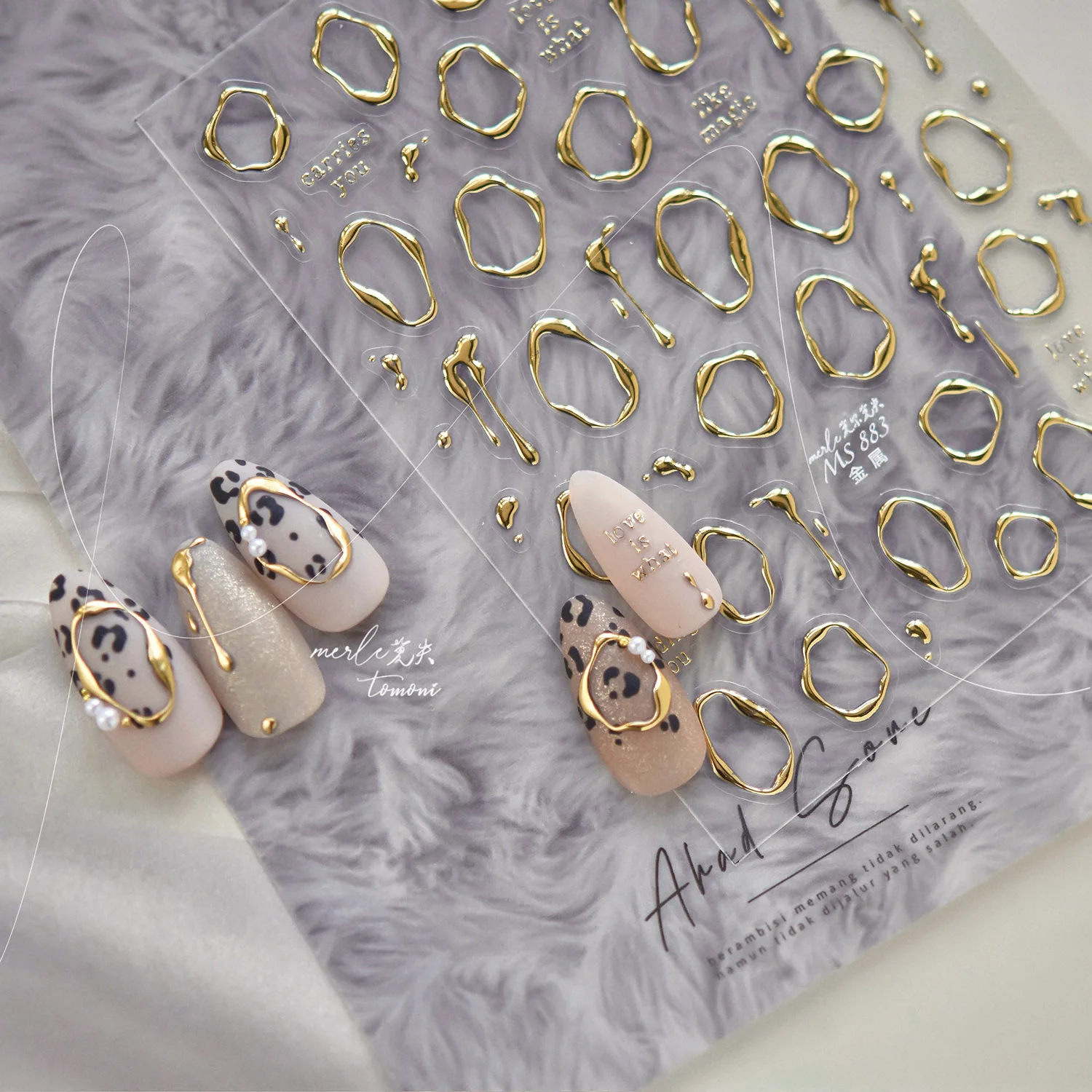 5D 골드 실버 메탈릭 네일 스티커 불규칙 원형 드립 리본 러브 네일 디자인 스..