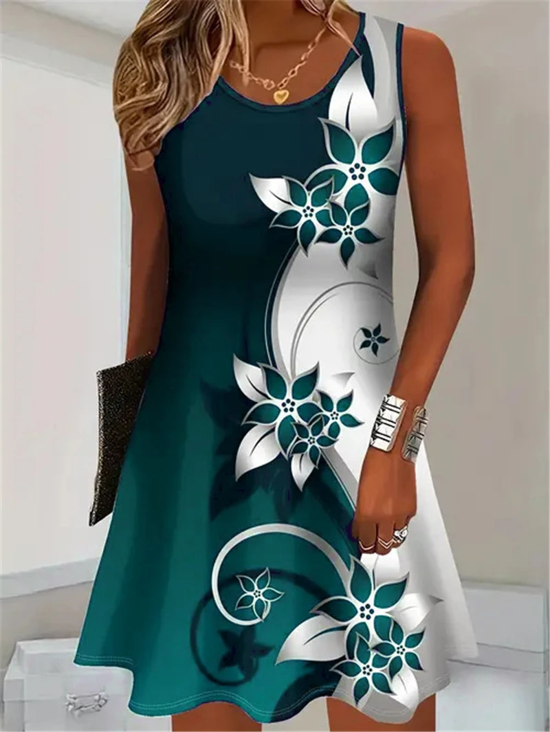 Fashion Floral Pattern Women Mini Dresses Summer Sleeveless Flower 3D Print Street Trend Ladies Dress 3XL Plus Size Casual Dress