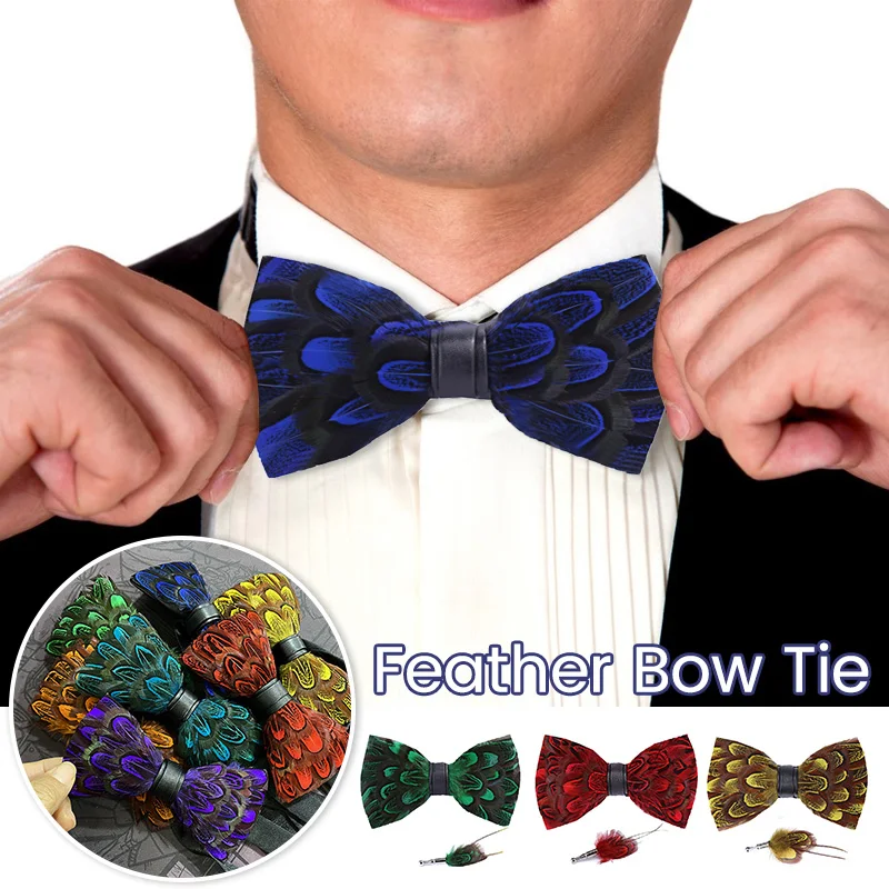 

Multicoloured Creative Feather Bow Tie Fashion Exquisite Hand Made Bowtie Groom Brooch Pin Wedding Party Night Club Men Bow Tie